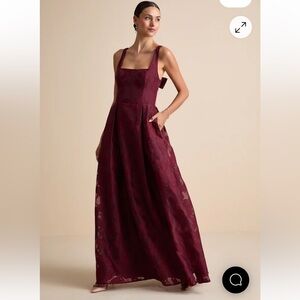 NWT Lulus Perfected Aura Red Jacquard Tie-Back Maxi Dress with Pockets